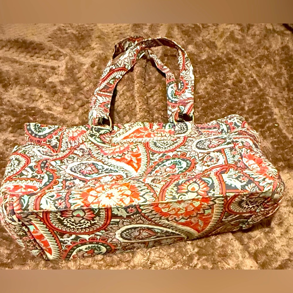 Red and Green Quilted Tote Bag with Structured Handles 16”L X 11”W.